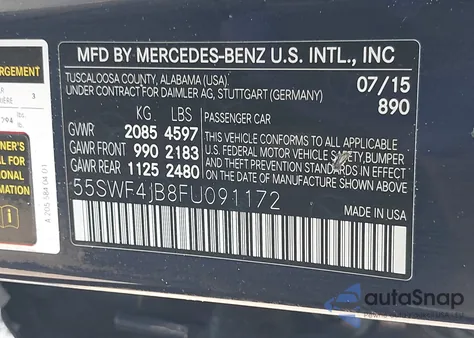 2015 Mercedes-Benz C 300 Luxury/Sport из США, поврежденный, VIN 55SWF4JB8FU091172